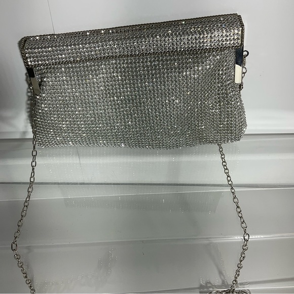 Natasha Shoulder Silver Sparkly Gem Clutch Special Occasion Evening Bag Chain - Picture 3 of 14